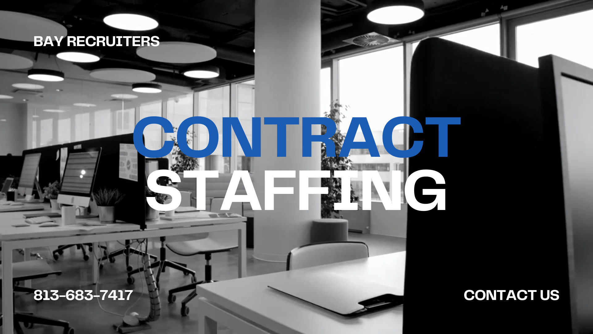 An office scene with the text 'Contract Staffing,' symbolizing flexible staffing solutions for companies.