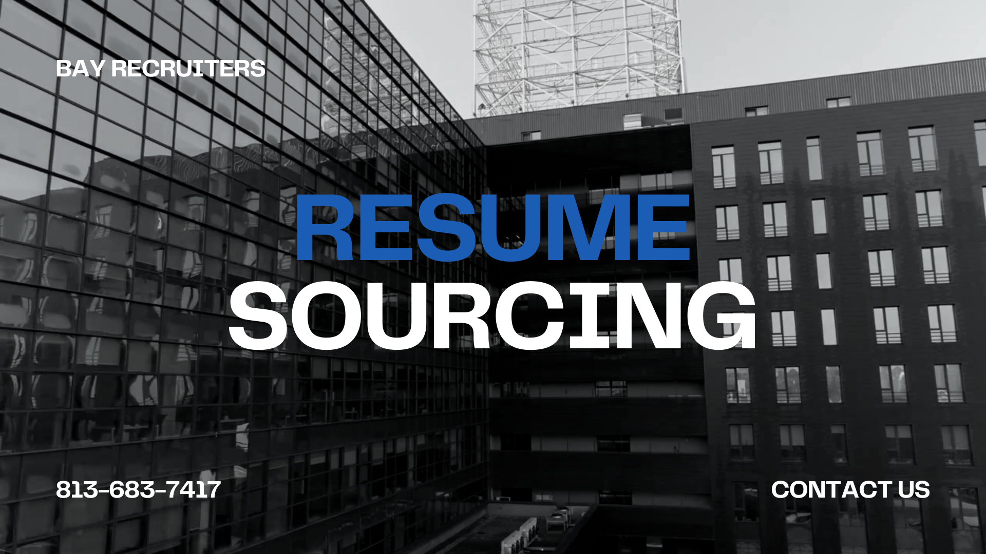 Flexible RPO Resume Process Outsourcing hiring solution text displayed over a backdrop of modern buildings, symbolizing professional talent acquisition and resume sourcing services.