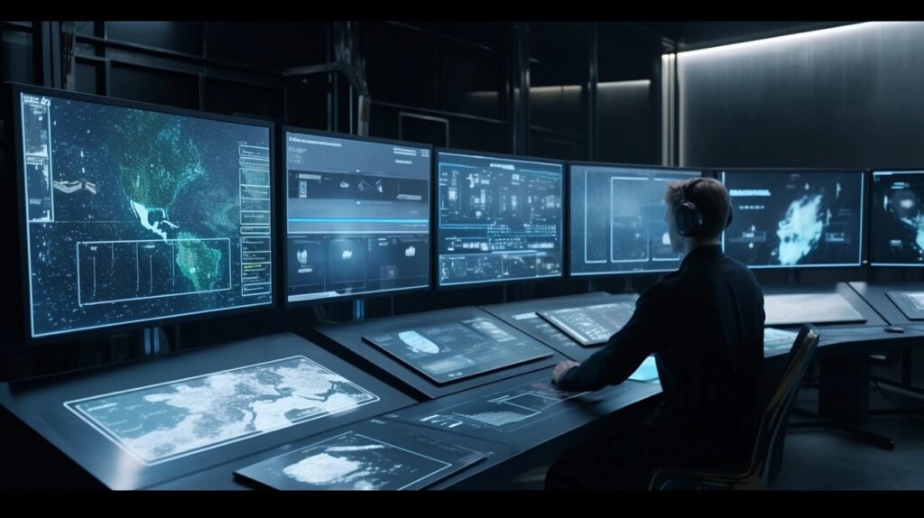 Cybersecurity professional in a command center monitoring advanced data analytics and network security on multiple screens.